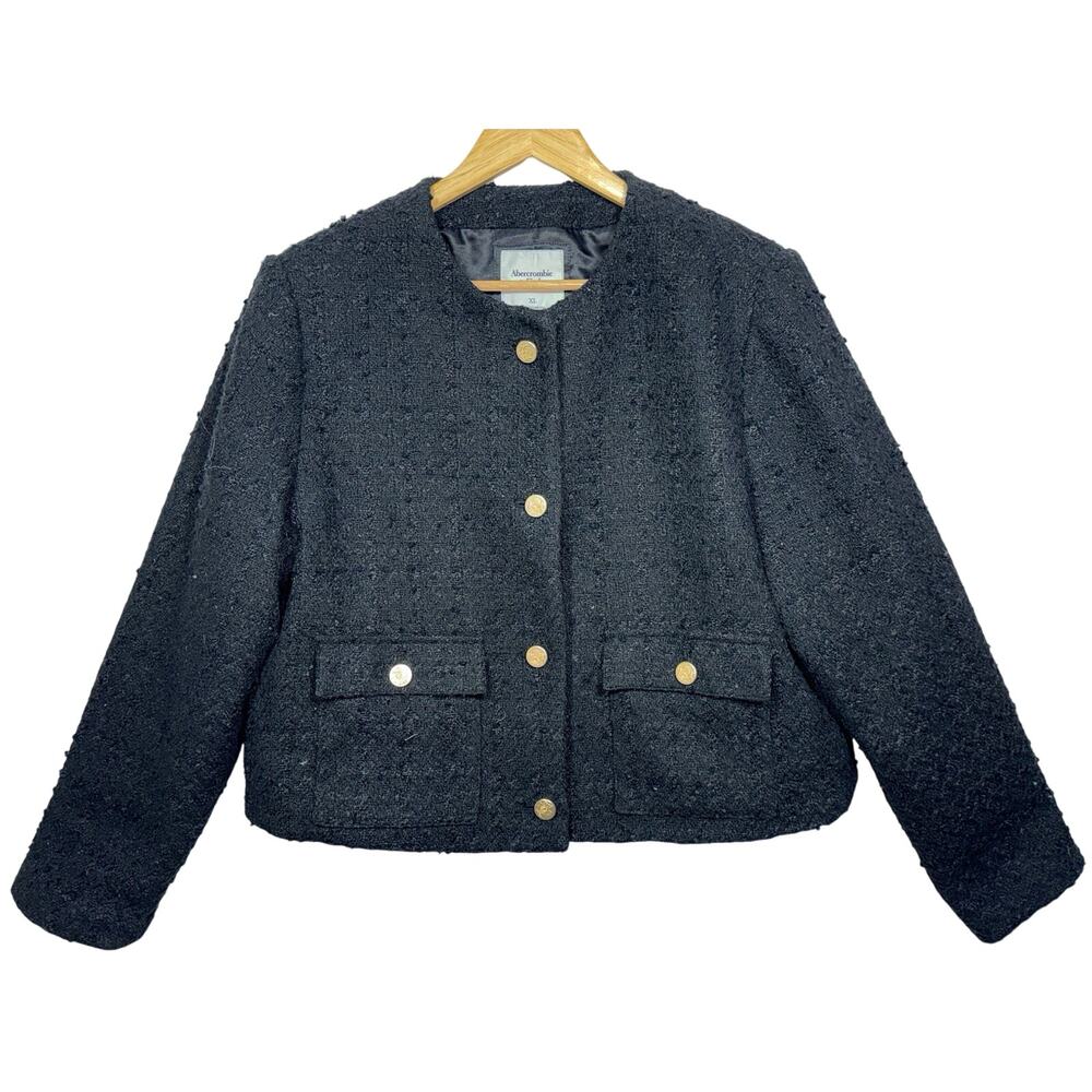 Abercrombie & Fitch Black Tweed Cropped Blazer Suit Coat Jacket Womens Size XL